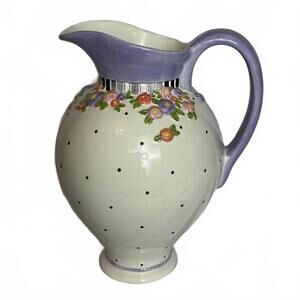Vintage Classic Mary Engelbreit Ceramic Pitcher w/ Purple Handle & Floral Design